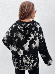 SHEIN EZwear Skull Print Drop Shoulder Tie Dye Hoodie - Black and White - View 2