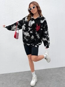 SHEIN EZwear Skull Print Drop Shoulder Tie Dye Hoodie - Black and White - View 5