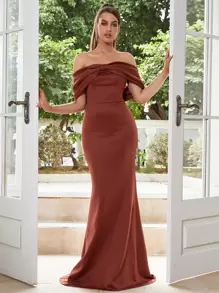 Missord 前蝴蝶結一字肩魚尾裙下擺正式連衣裙 - 鏽棕色 - 查看 1