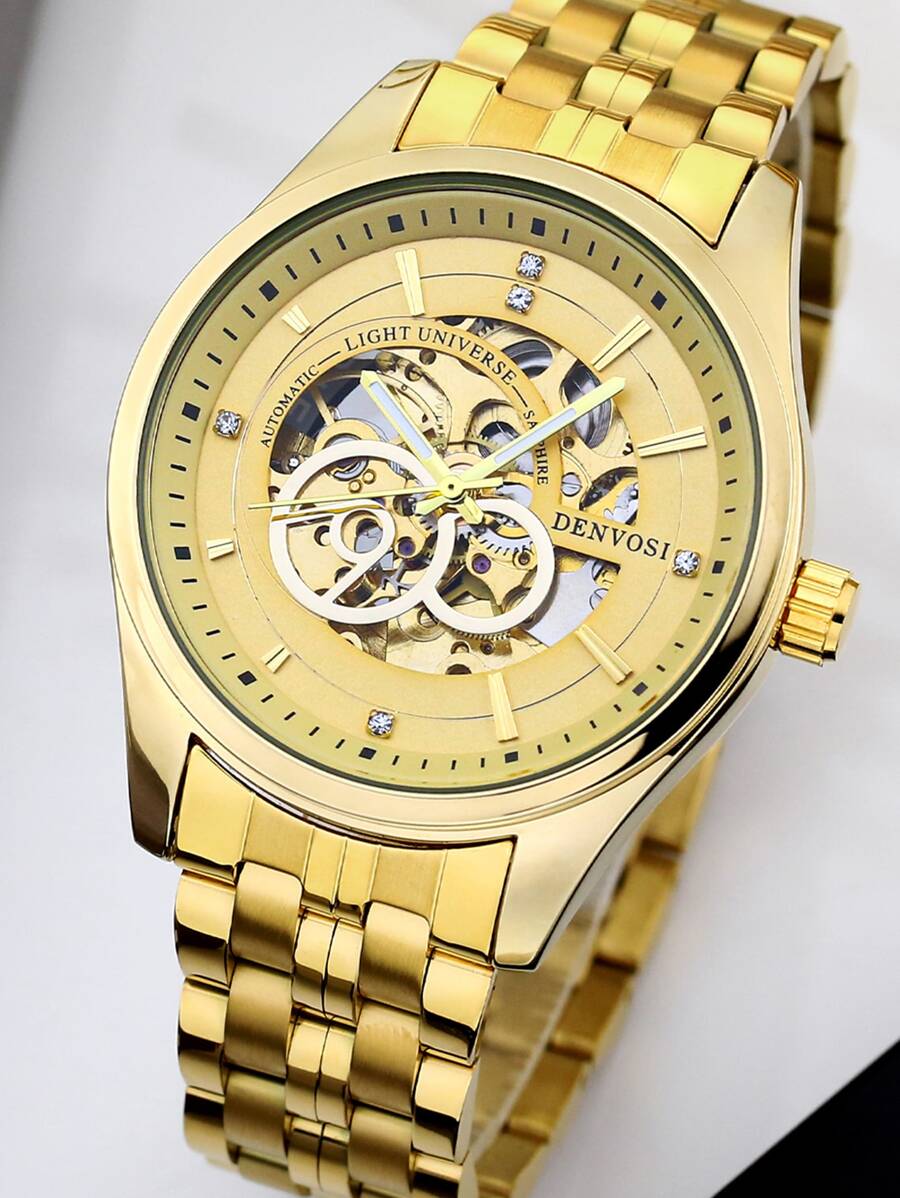 DENVOSI 男士水鑽裝飾機械手表 - 金色 - 查看 1
