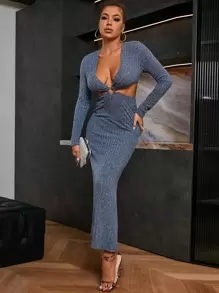 Glamaker 深V領腰部鏤空緊身連衣裙 - 霧霾藍 - 查看 1