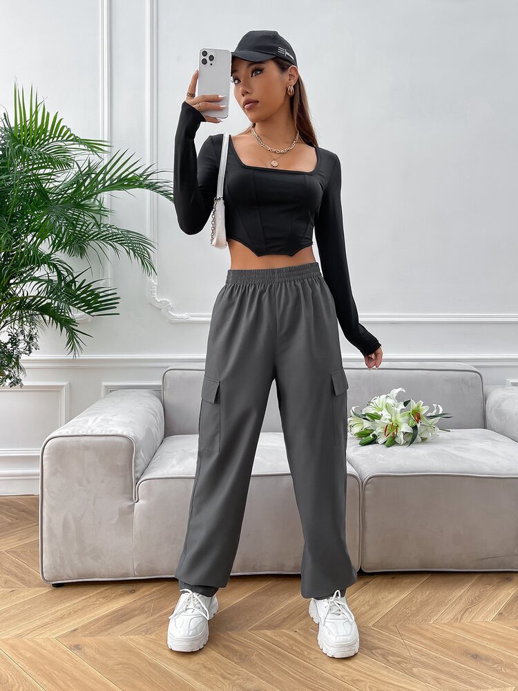 SHEIN EZwear Quần nữ Túi màu trơn Giải trí - Màu xám đen - Xem 5