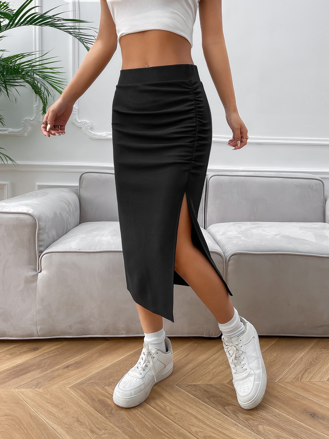SHEIN EZwear Ruched Split Thigh Black Skirt sw2210165105464721