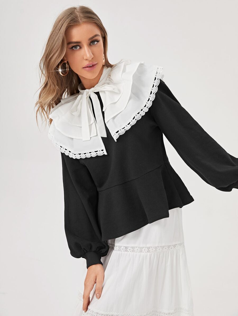 CAMILLUS Peter Pan Collar Lace Trim Ruffle Hem Pullover - Black - View 1