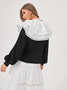 CAMILLUS Peter Pan Collar Lace Trim Ruffle Hem Pullover - Black - View 2