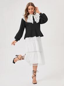 CAMILLUS Peter Pan Collar Lace Trim Ruffle Hem Pullover - Black - View 3