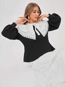 CAMILLUS Peter Pan Collar Lace Trim Ruffle Hem Pullover - Black - View 4