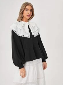 CAMILLUS Peter Pan Collar Lace Trim Ruffle Hem Pullover - Black - View 5