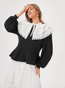 CAMILLUS Peter Pan Collar Lace Trim Ruffle Hem Pullover - Black - View 6