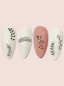 4 件装清新简约黑色树叶图案指甲贴纸无胶 DIY 指甲饰品指甲宝石美甲用品 - 黑色 - 查看 2