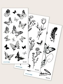 紋身貼紙套件，3 張蝴蝶和花卉圖案臨時紋身女士，紋身貼紙成人，逼真紋身蝴蝶，適合女士和女孩