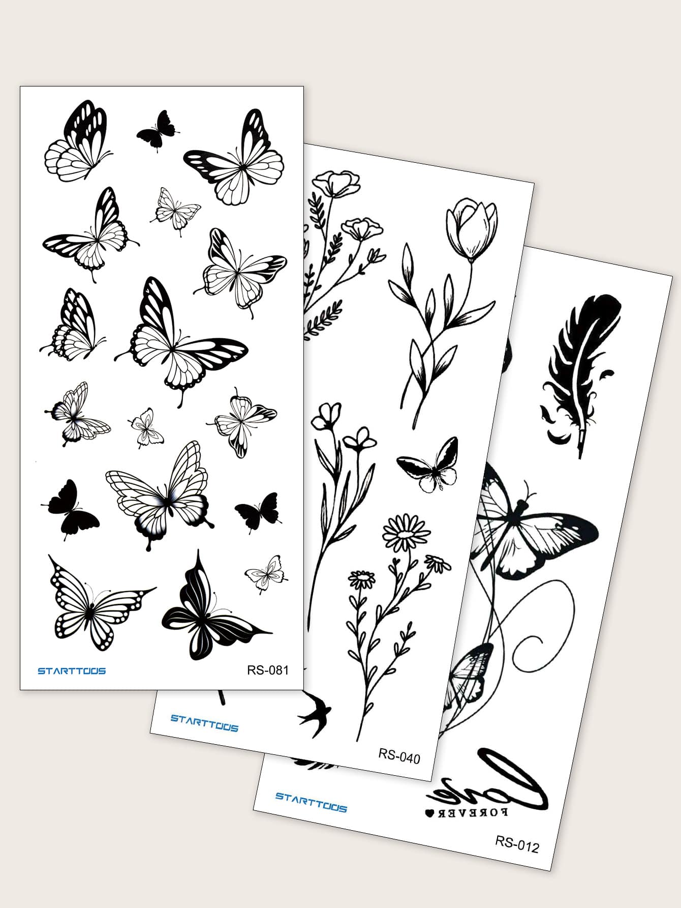 紋身貼紙套件，3 張蝴蝶和花卉圖案臨時紋身女士，紋身貼紙成人，逼真紋身蝴蝶，適合女士和女孩