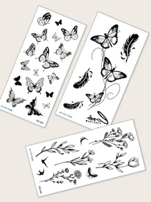 紋身貼紙套件，3 張蝴蝶和花卉圖案臨時紋身女士，紋身貼紙成人，逼真紋身蝴蝶，適合女士和女孩