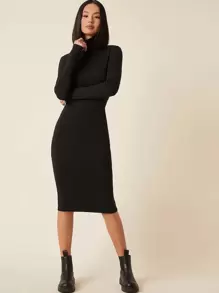 Solid High Neck Bodycon Dress - màu đen - Xem 1