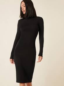 Solid High Neck Bodycon Dress - màu đen - Xem 3