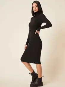 Solid High Neck Bodycon Dress - màu đen - Xem 5
