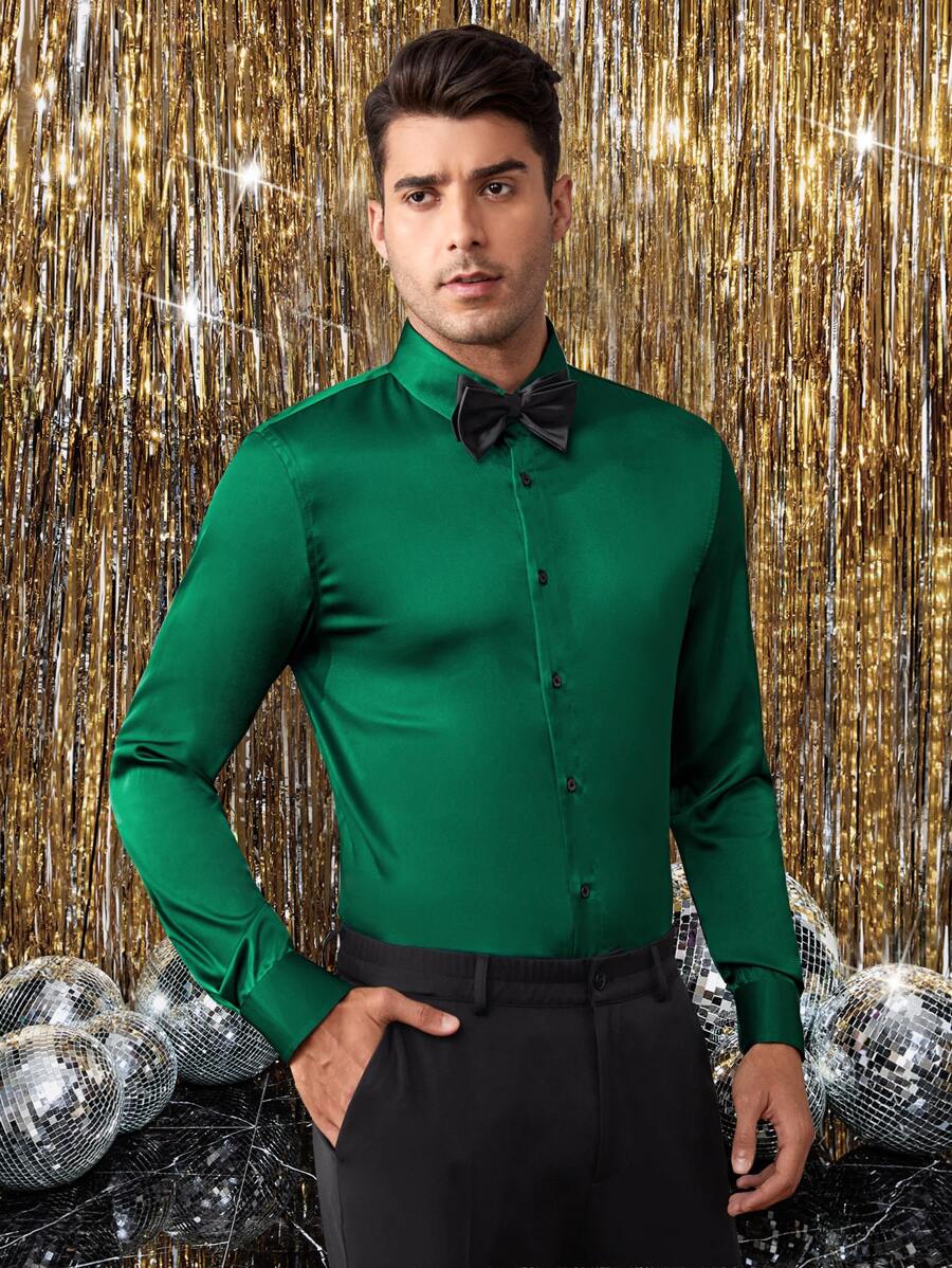 Manfinity Men Button Front Satin Shirt - Dark Green - View 1