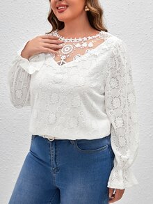 SHEIN Frenchy Áo thun Plus size Nút Tương phản Mesh Thêu Xù màu trơn Giải trí - trắng - Xem 2