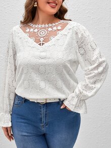 SHEIN Frenchy Áo thun Plus size Nút Tương phản Mesh Thêu Xù màu trơn Giải trí - trắng - Xem 3