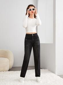 SHEIN Chicas adolescentes Jeans de pierna recta desgarro - Negro - Ver 3