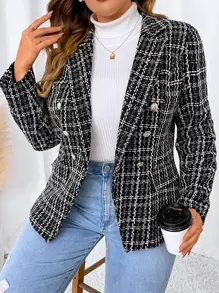 SHEIN Privé Hơn Áo vest Hoa văn kẻ sọc Đôi ngực Tweed - Đen và trắng - Xem 1