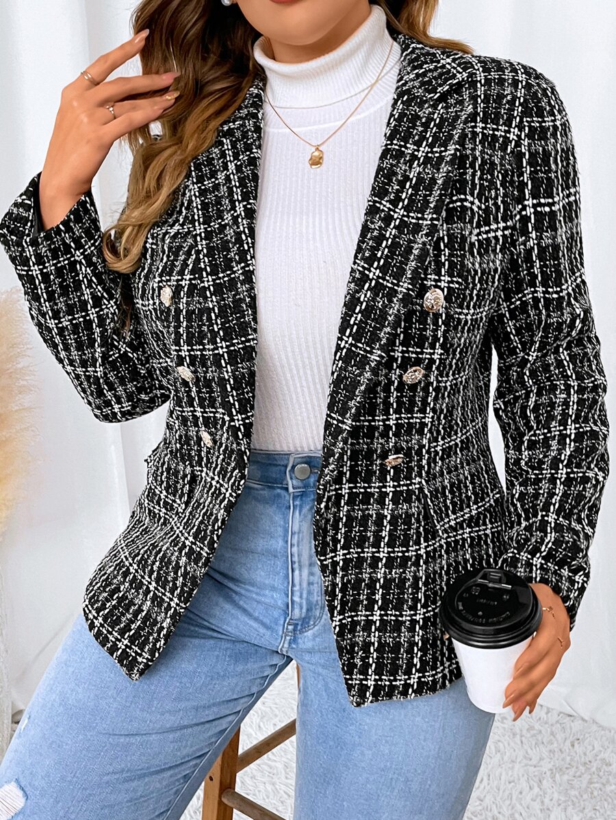 SHEIN Privé Hơn Áo vest Hoa văn kẻ sọc Đôi ngực Tweed - Đen và trắng - Xem 1