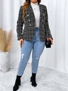 SHEIN Privé Hơn Áo vest Hoa văn kẻ sọc Đôi ngực Tweed - Đen và trắng - Xem 3