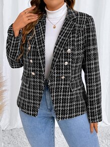 SHEIN Privé Hơn Áo vest Hoa văn kẻ sọc Đôi ngực Tweed - Đen và trắng - Xem 4