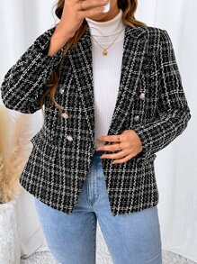 SHEIN Privé Hơn Áo vest Hoa văn kẻ sọc Đôi ngực Tweed - Đen và trắng - Xem 5