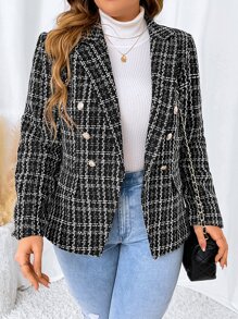 SHEIN Privé Hơn Áo vest Hoa văn kẻ sọc Đôi ngực Tweed - Đen và trắng - Xem 6