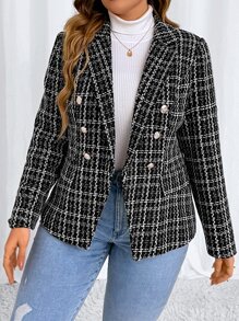 SHEIN Privé Hơn Áo vest Hoa văn kẻ sọc Đôi ngực Tweed - Đen và trắng - Xem 7