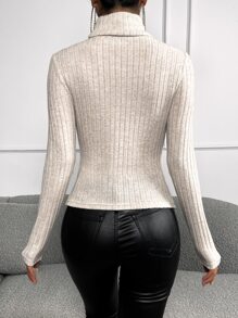 SHEIN BAE Áo thun nữ Cắt ra Gân đan màu trơn Gợi cảm - Màu be - Xem 2