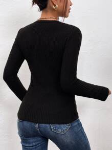 SHEIN Frenchy Solid Rib-knit Tee - Black - View 2