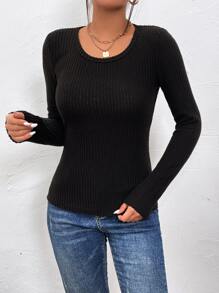 SHEIN Frenchy Solid Rib-knit Tee - Black - View 3