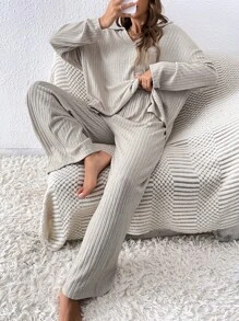 SHEIN LUNE Camiseta de hombros caídos & Pantalones de pierna ancha - Albaricoque - Ver 1