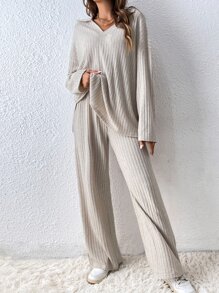 SHEIN LUNE Camiseta de hombros caídos & Pantalones de pierna ancha - Albaricoque - Ver 3