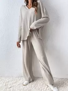 SHEIN LUNE Camiseta de hombros caídos & Pantalones de pierna ancha - Albaricoque - Ver 4