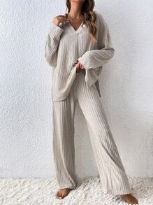 SHEIN LUNE Camiseta de hombros caídos & Pantalones de pierna ancha - Albaricoque - Ver 5