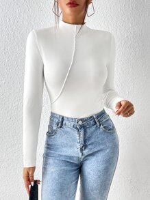 SHEIN Essnce 小高領接縫細節T恤 - 白色 - 查看 3