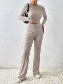 SHEIN Essnce Ribbed Knit Crop Tee & Flare Leg Trousers - Apricot - View 3