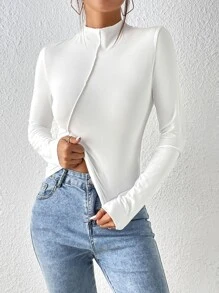 SHEIN Essnce 小高領接縫細節T恤 - 白色 - 查看 4