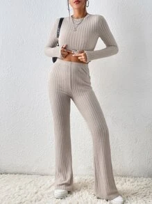SHEIN Essnce Ribbed Knit Crop Tee & Flare Leg Trousers - Apricot - View 4
