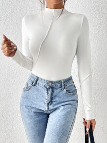 SHEIN Essnce 小高領接縫細節T恤 - 白色 - 查看 6