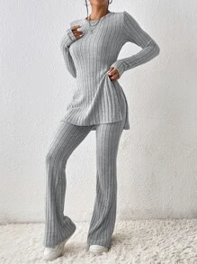 SHEIN Essnce Split Hem Tee & Flare Leg Trousers - Light Grey - View 5