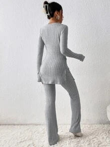 SHEIN Essnce Split Hem Tee & Flare Leg Trousers - Light Grey - View 2