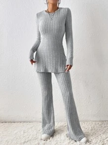 SHEIN Essnce Split Hem Tee & Flare Leg Trousers - Light Grey - View 4