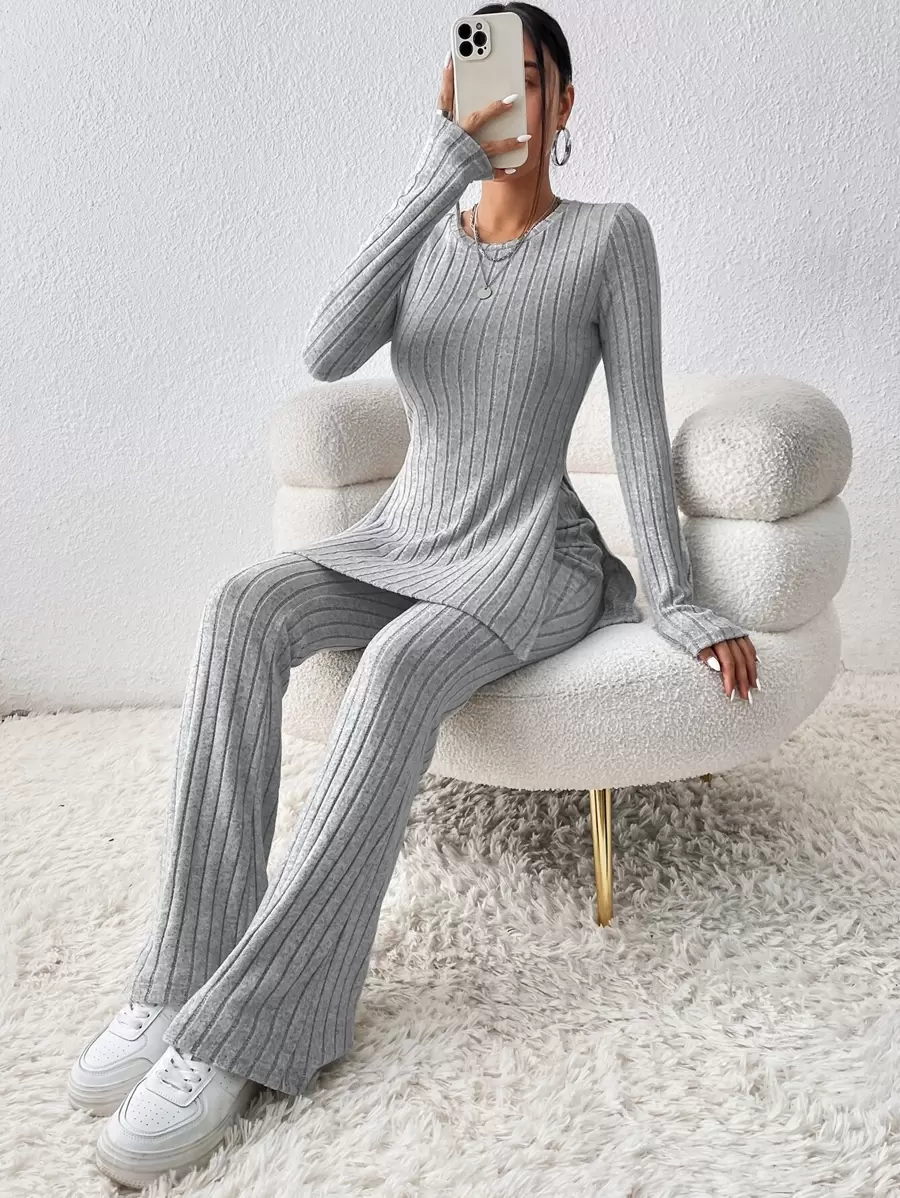 SHEIN Essnce Split Hem Tee & Flare Leg Trousers - Light Grey - View 1