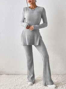 SHEIN Essnce Split Hem Tee & Flare Leg Trousers - Light Grey - View 6