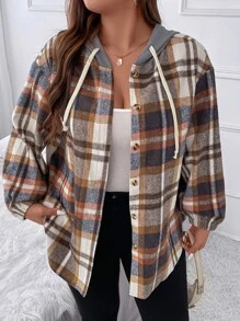EMERY ROSE Plus Plaid Drop Shoulder Drawstring Hooded Jacket Fall Winter Cloth For Women Autumn - Multicolor - View 1