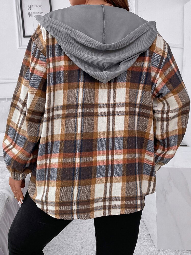 Plus Plaid Drop Shoulder Drawstring Hooded Jacket Fall Winter Cloth For Women Autumn